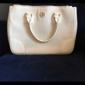 Tory Burch Robinson Perforated Satchel, Cream, New